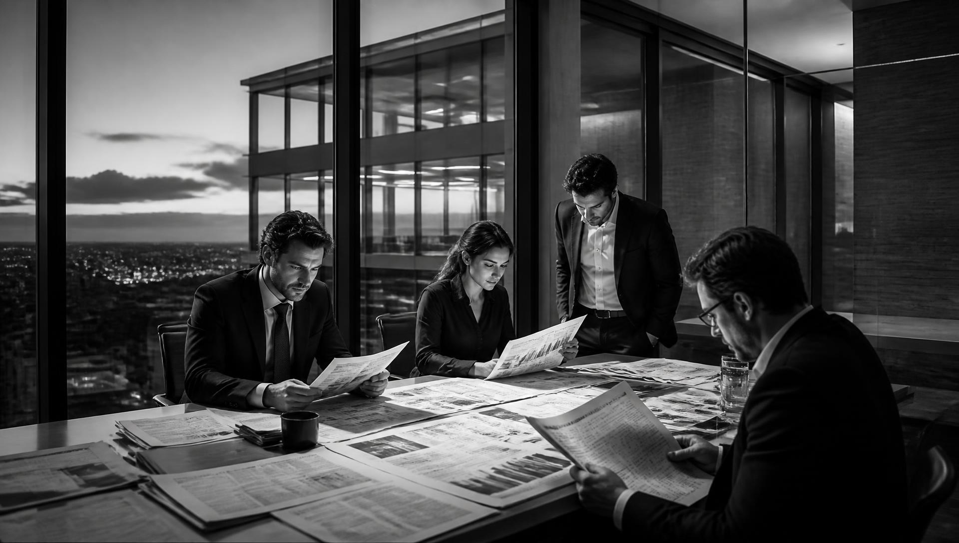 Equipo directivo analizando informes y prensa económica en una sala de reuniones acristalada, en blanco y negro