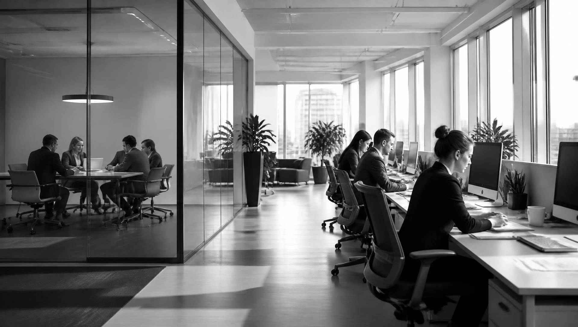 Equipo profesional trabajando en un despacho moderno, en blanco y negro