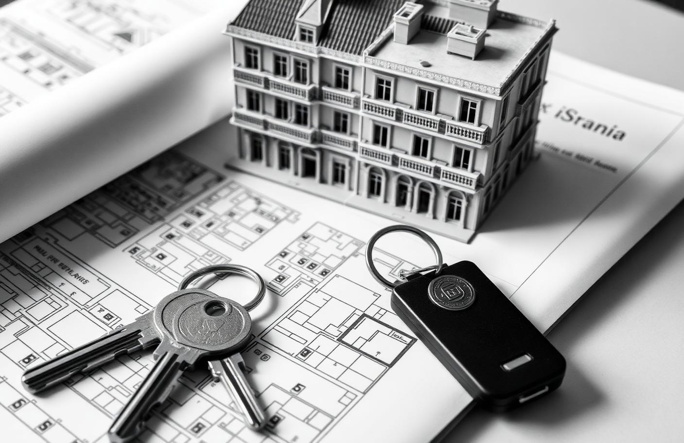 Planos, llaves y maqueta de un edificio residencial en blanco y negro