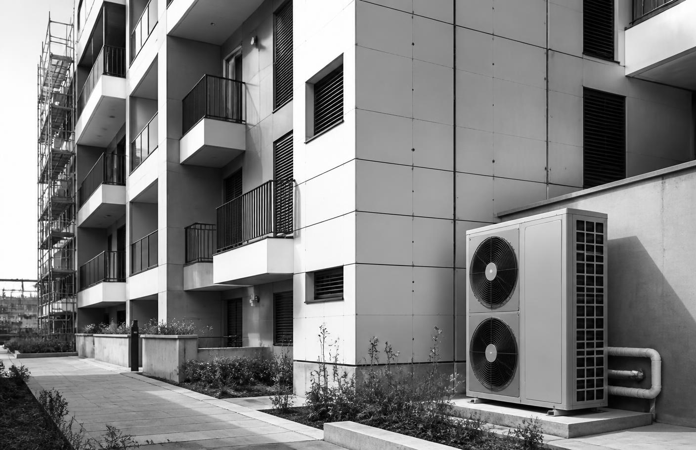 Fachada de un edificio residencial rehabilitado con bomba de calor comunitaria en blanco y negro
