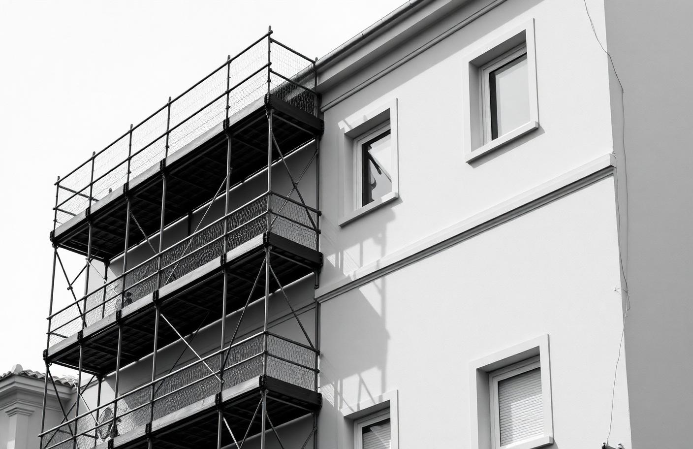 Andamios en la fachada de un edificio residencial en blanco y negro