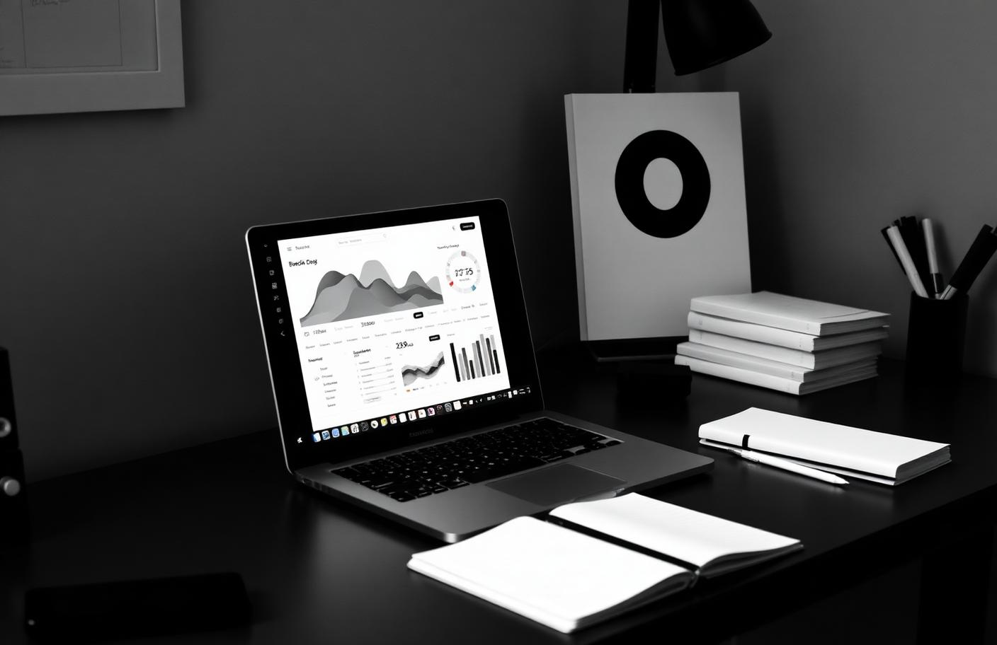 Puesto de trabajo con portátil y panel de indicadores en blanco y negro