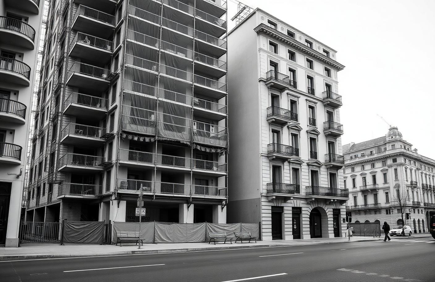 Edificio de obra nueva junto a un edificio clásico rehabilitado en blanco y negro