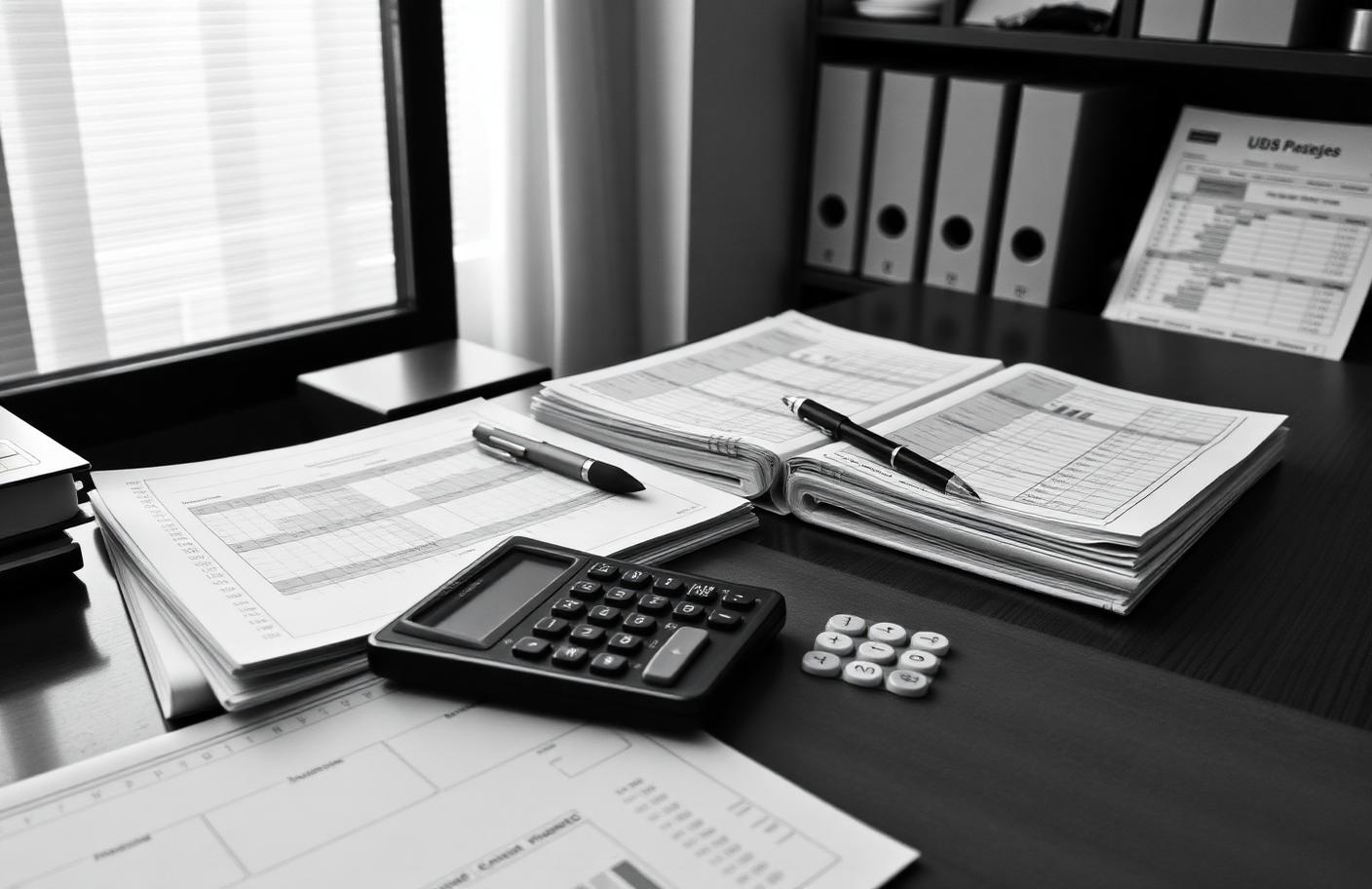 Libros de cuentas y calculadora sobre una mesa de despacho en blanco y negro