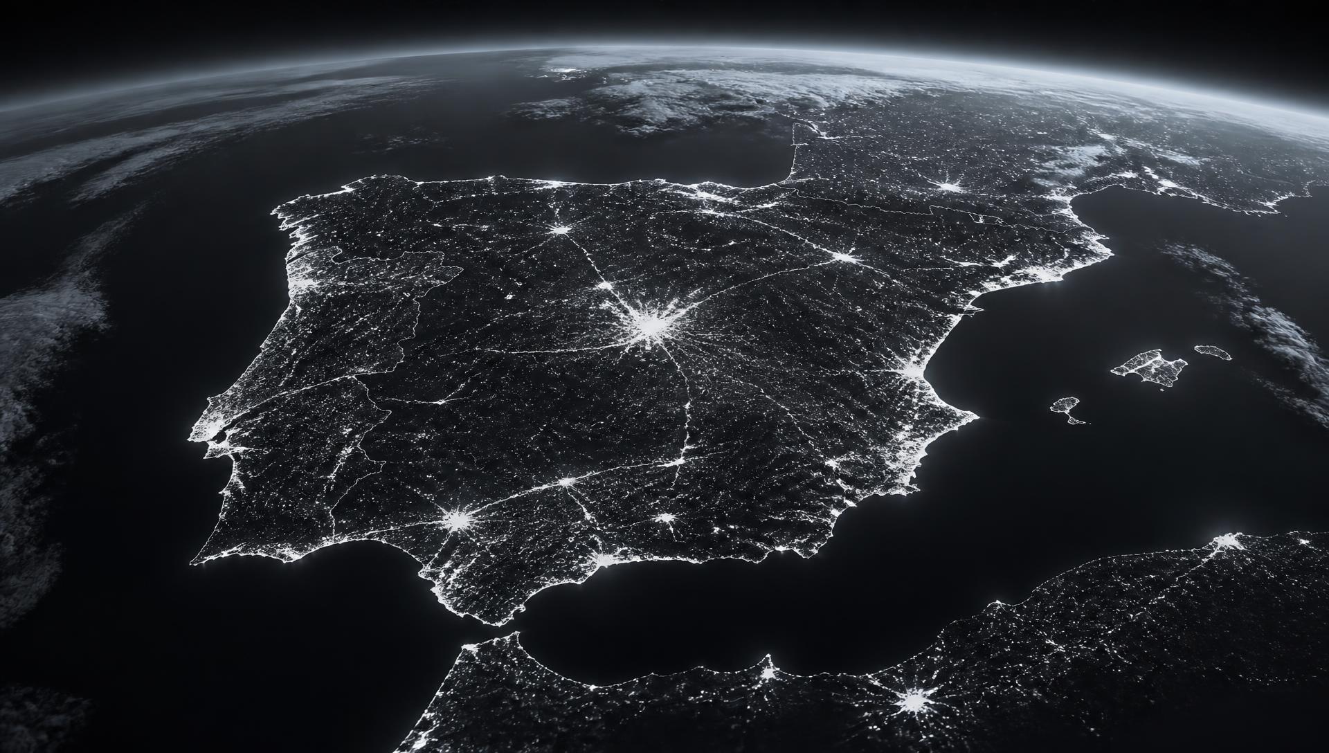 Vista satelital nocturna de la península ibérica con las luces de las ciudades españolas conectadas en red