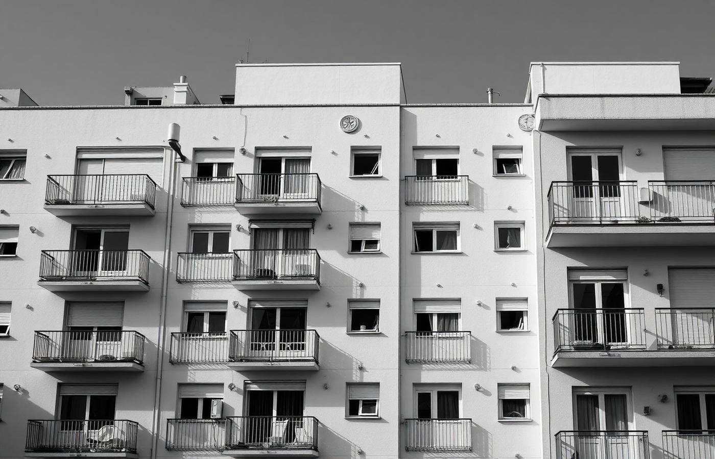 Fachada de un edificio residencial español con balcones, en blanco y negro