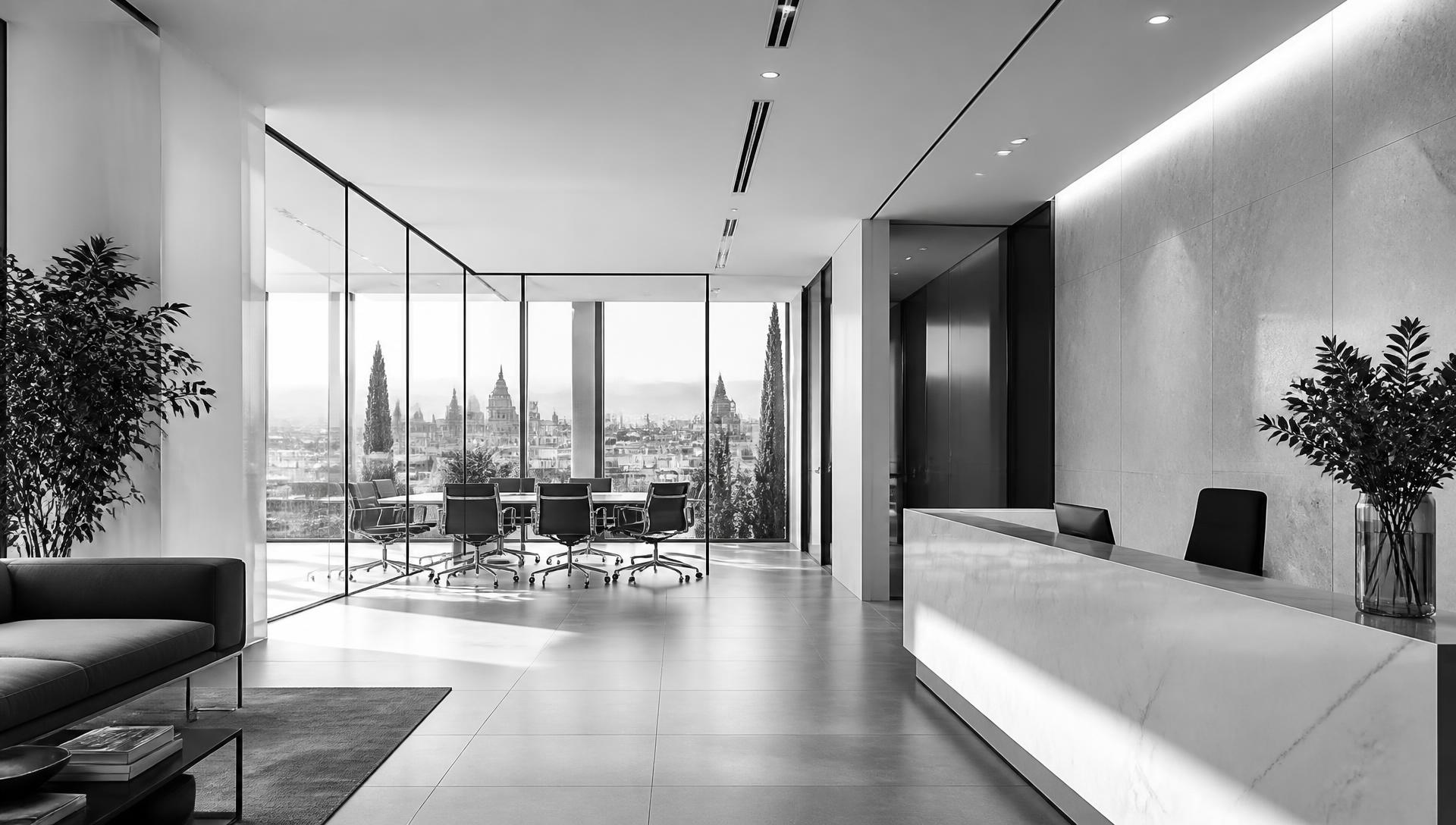 Interior corporativo monocromo con recepción y sala de reuniones