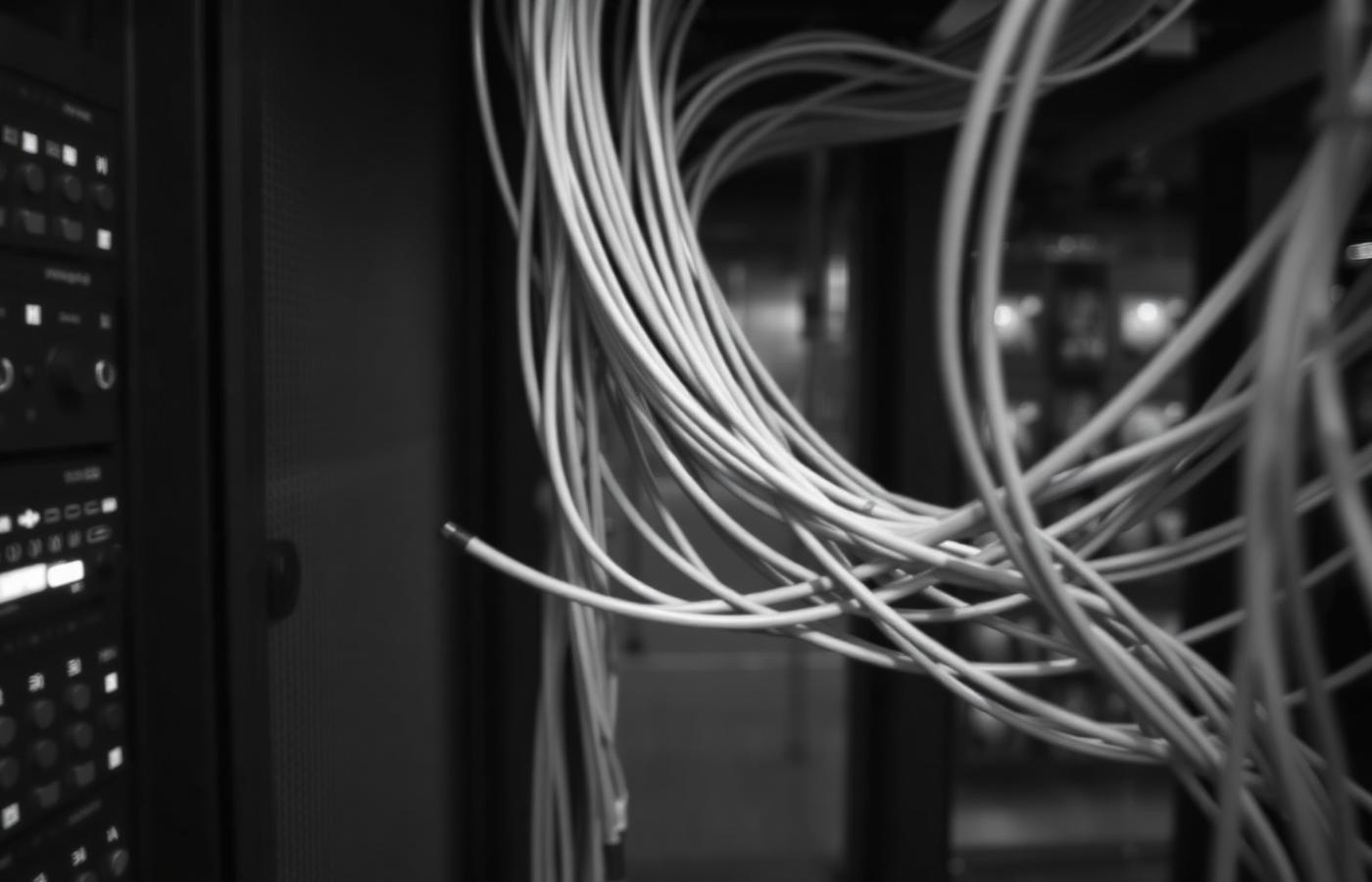 Detalle tecnológico de cableado de red en blanco y negro