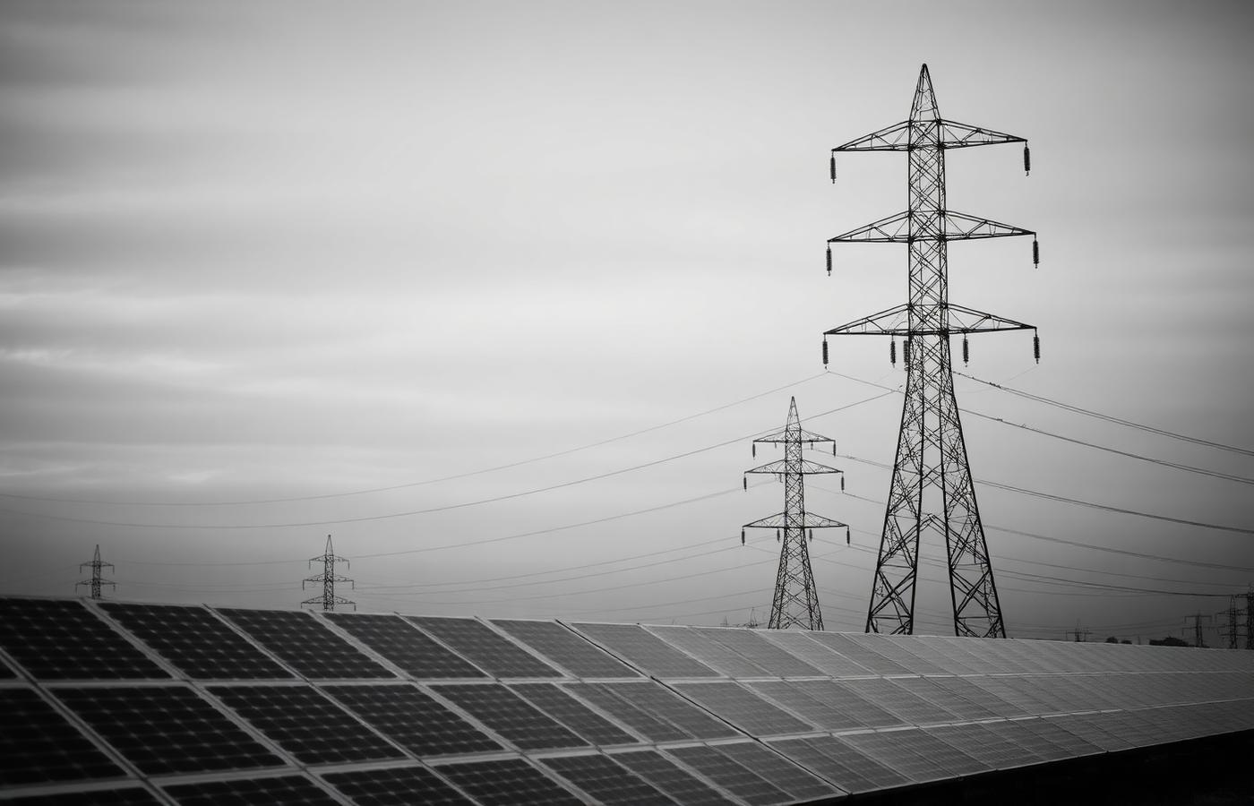 Paneles solares y torres de alta tensión en blanco y negro