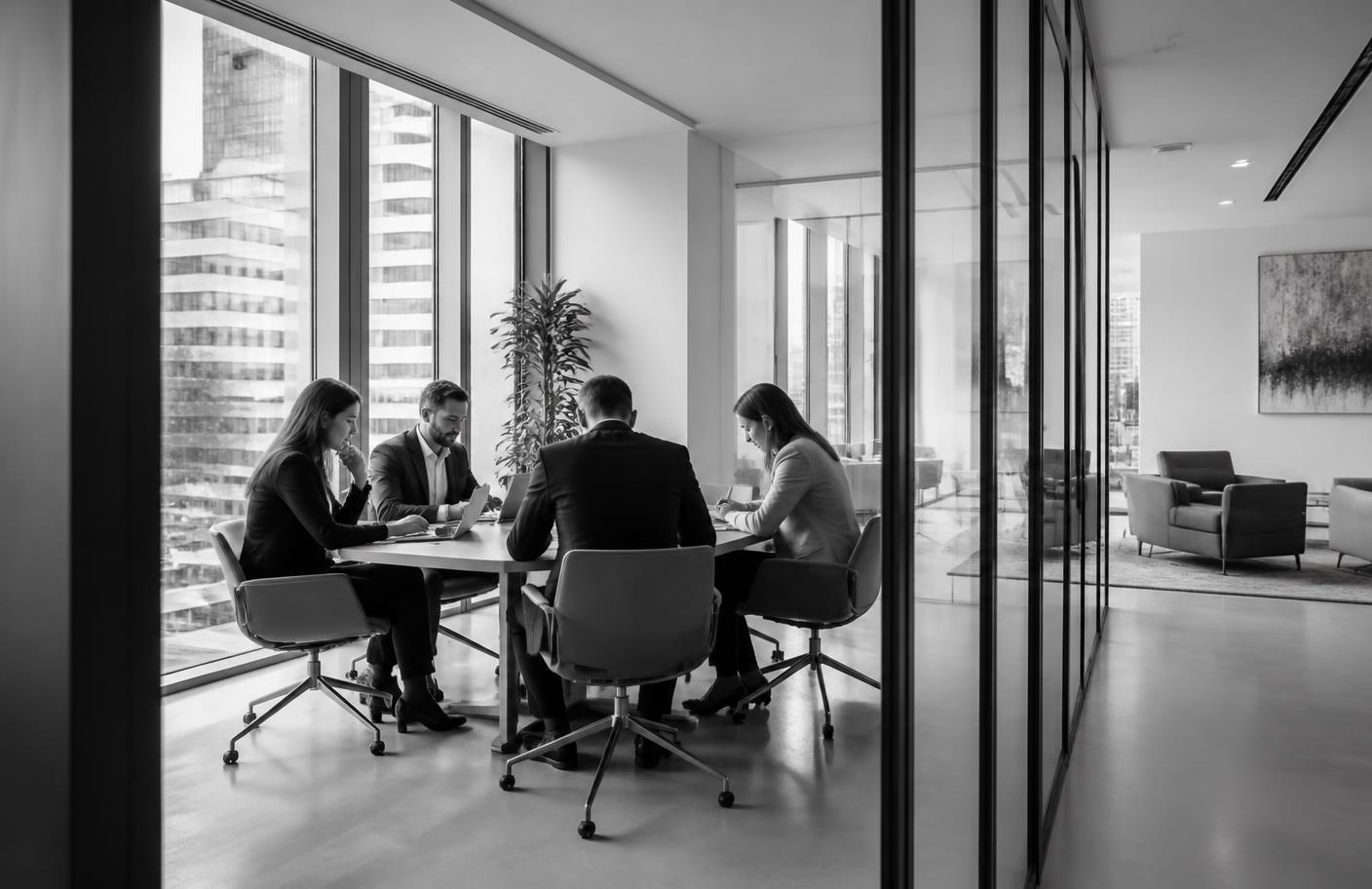 Equipo de Grupo Sígusta reunido en una oficina corporativa contemporánea
