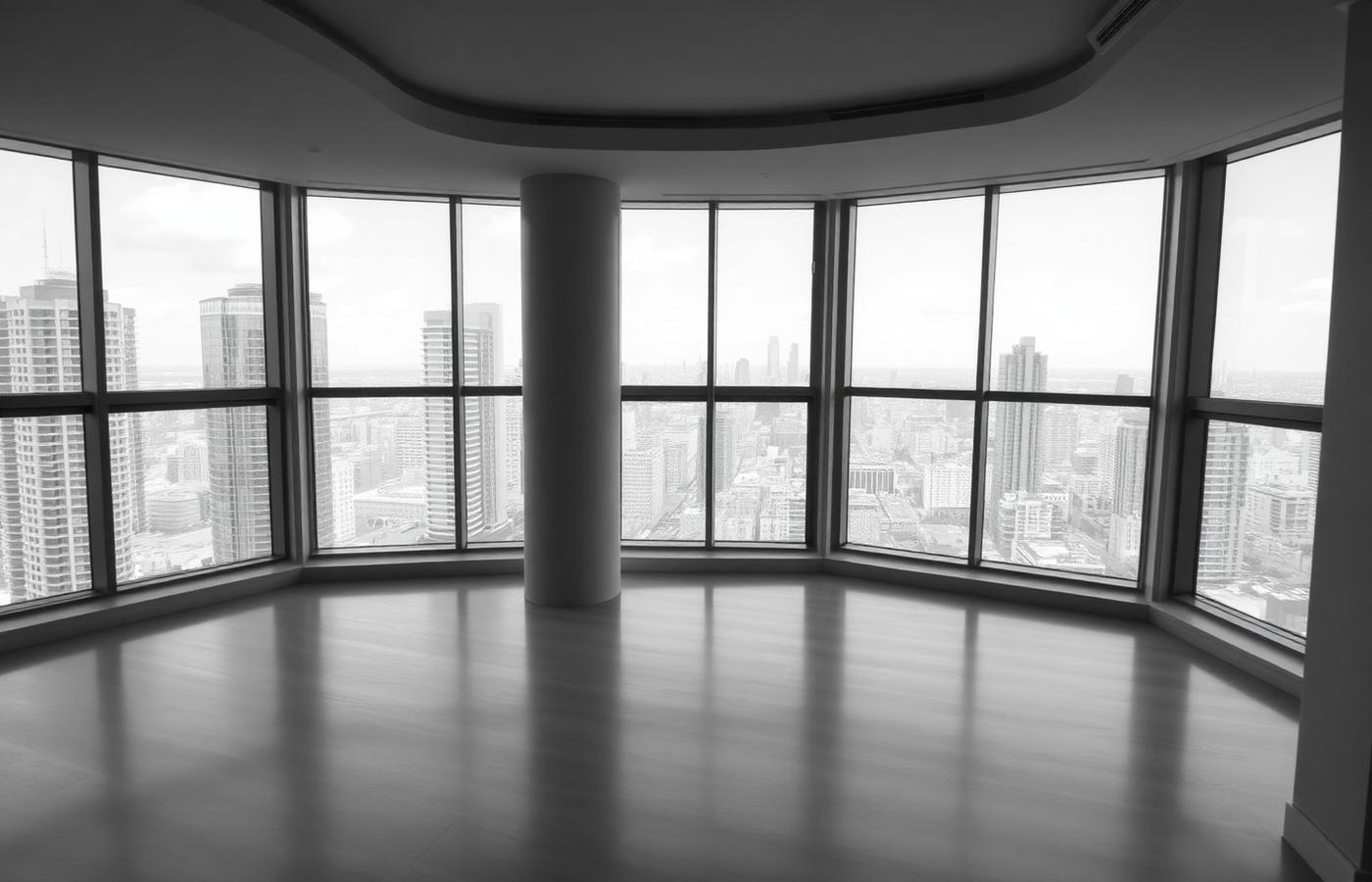 Interior inmobiliario contemporáneo con grandes ventanales y vistas a la ciudad, en blanco y negro