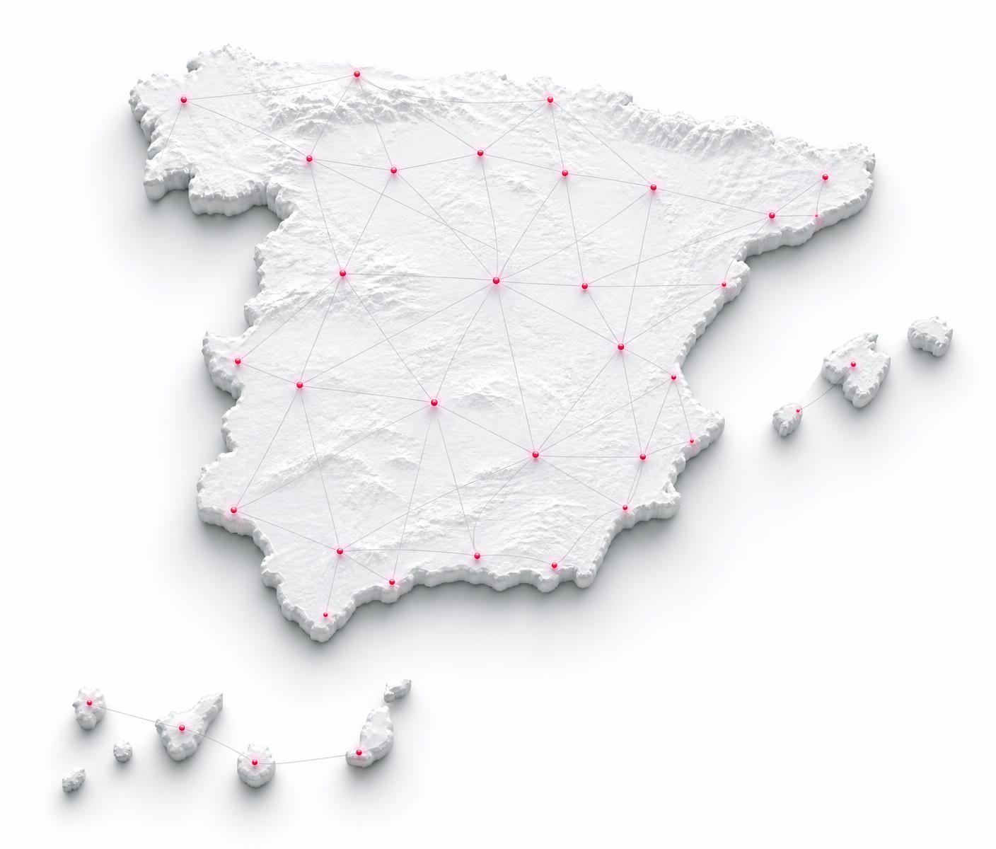 Mapa de España en relieve blanco con una red de nodos que representa la cobertura nacional del grupo